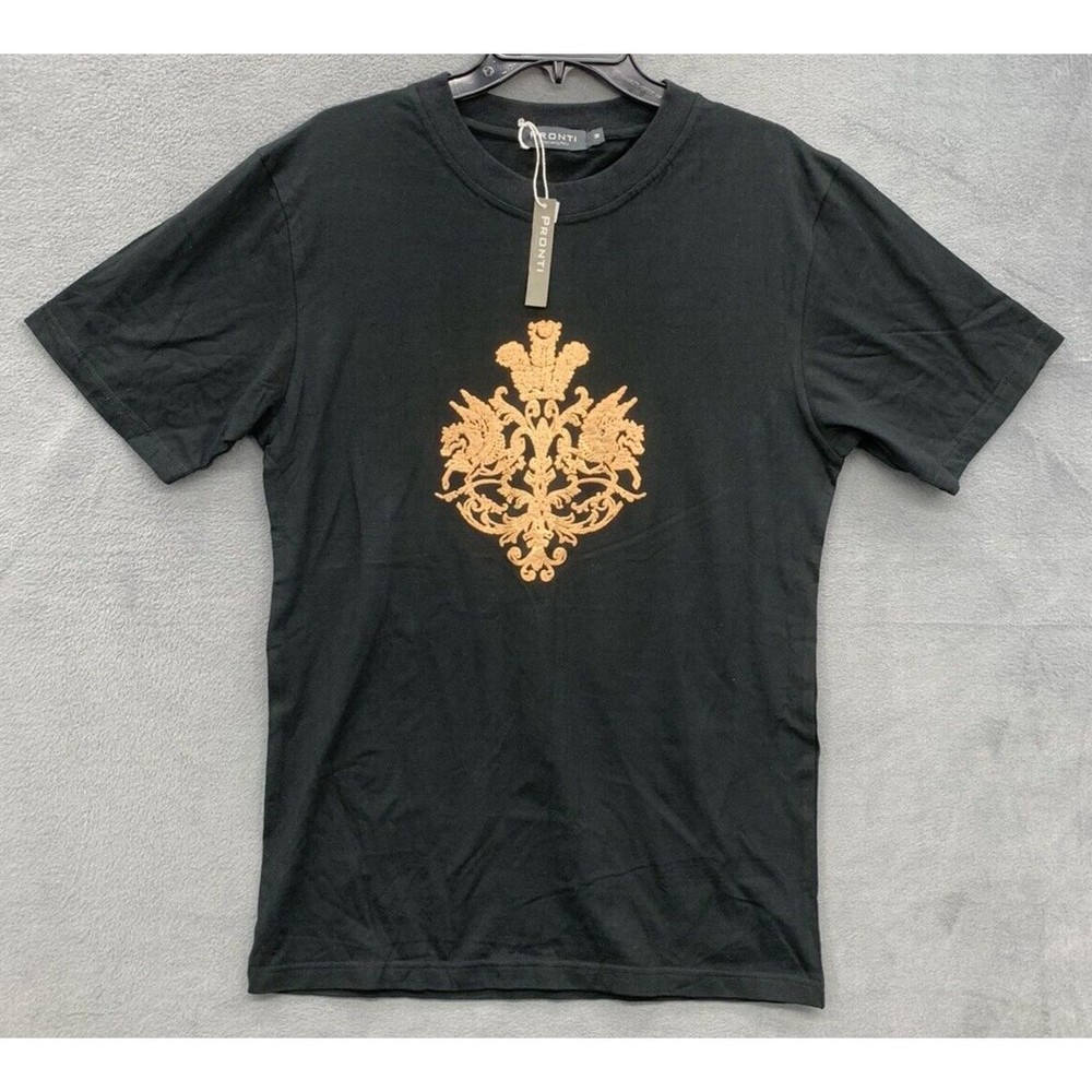 Pronti Graphic Tee T-Shirt Mens Size L Black Crew Neck Short Sleeve 100% Cotton